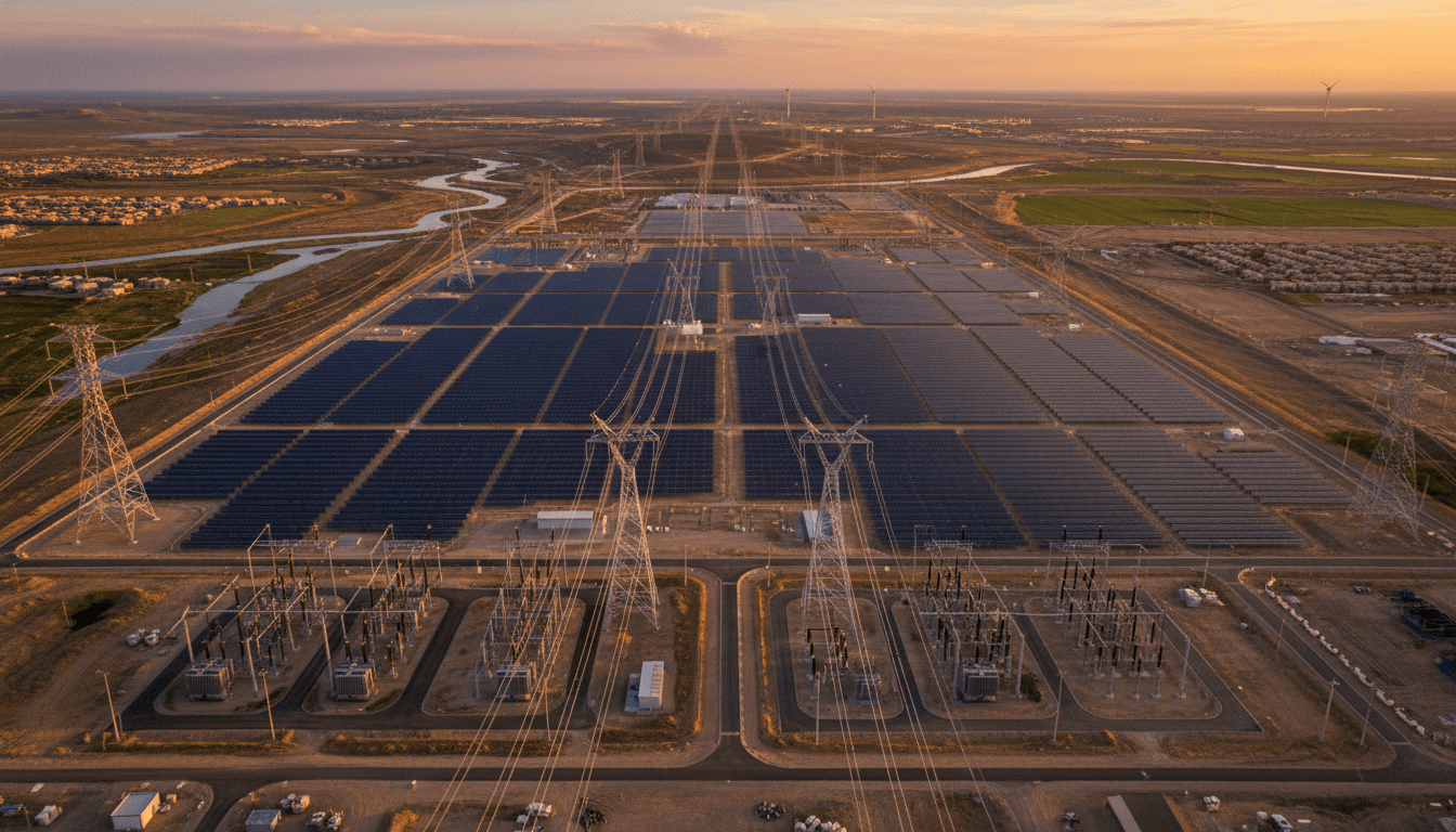 Modern electrical grid with transmission towers and solar panels