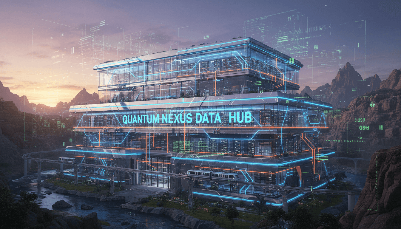 futuristic data center with glowing energy lines and digital network overlay at dusk