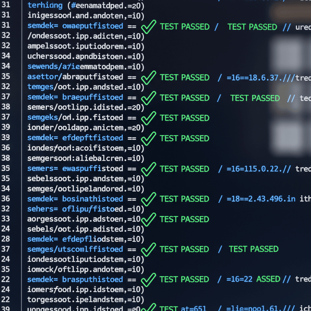 Close-up of computer code with green checkmarks