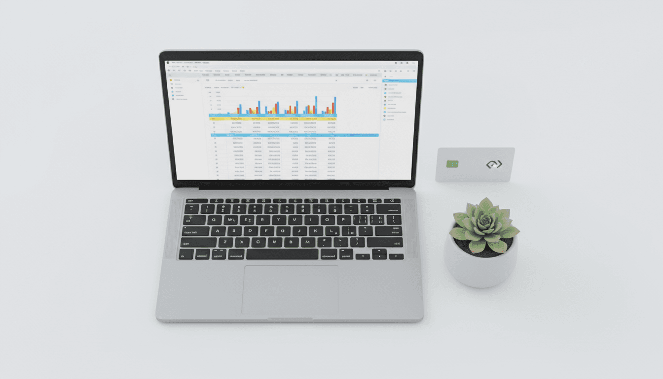 Minimal workspace with laptop, security card, and plant