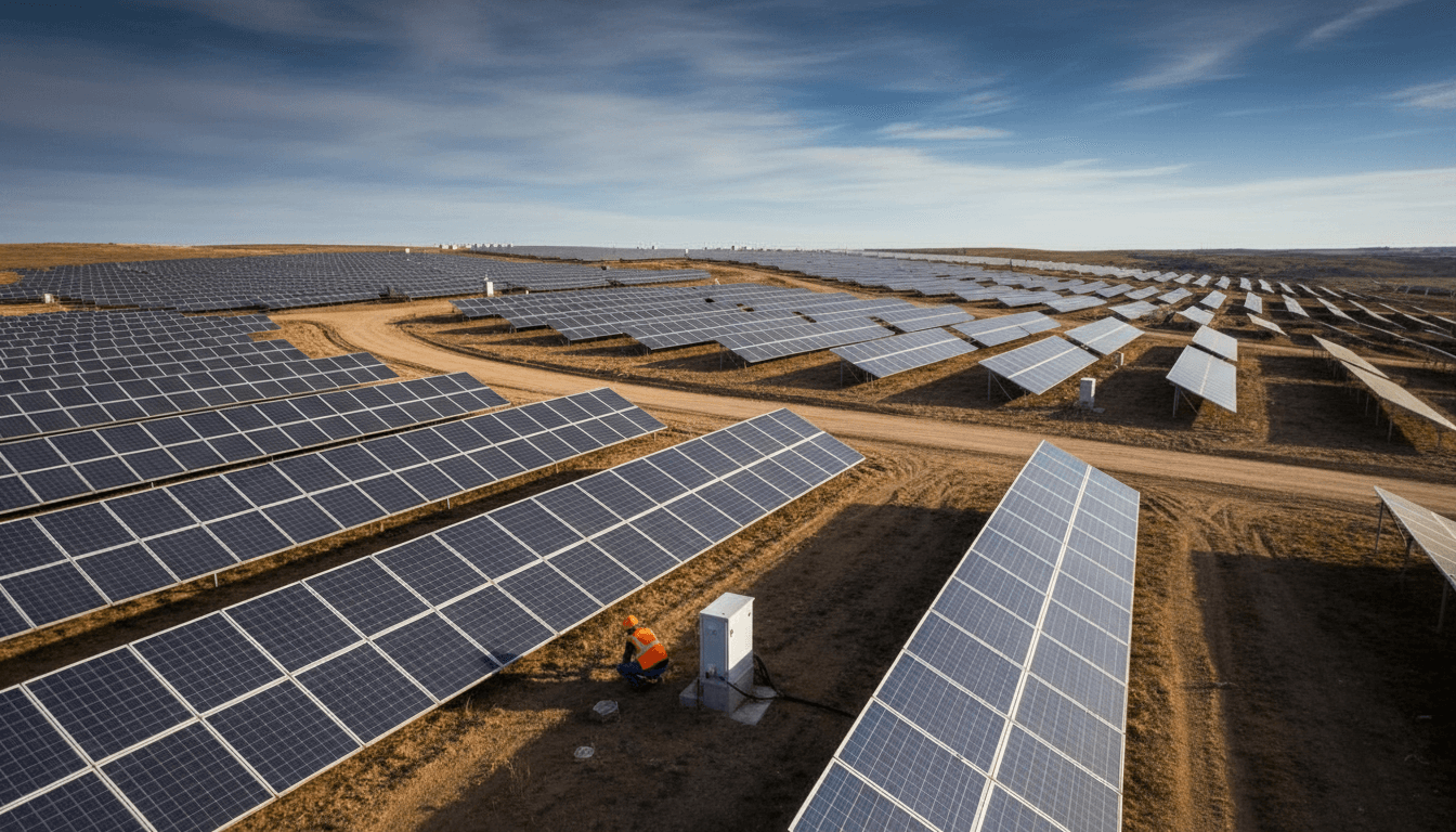 Solar panels and wind turbines in a green landscape