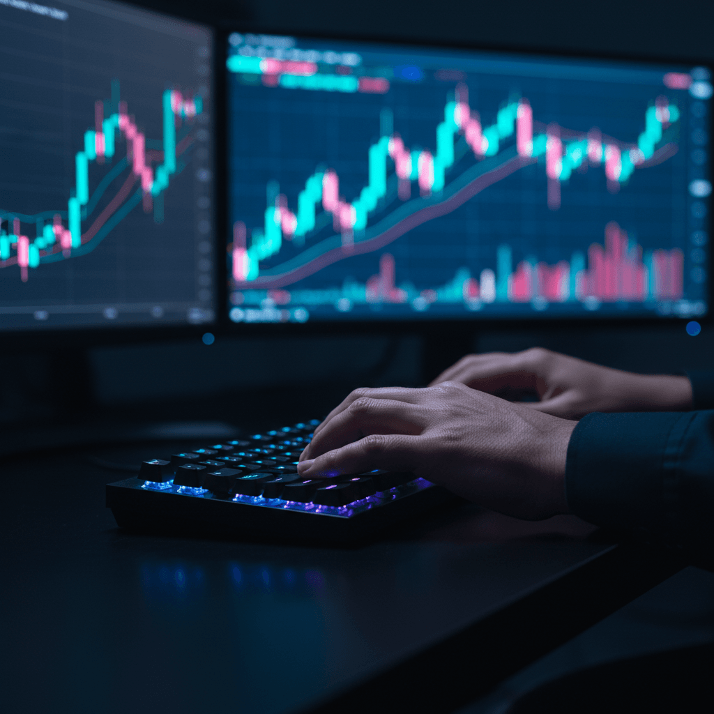 Anonymous market-data workspace: blurred silhouettes of traders behind frosted glass, abstract candlestick and heat-map panels with no names or faces visible, muted navy and silver, photorealistic.
