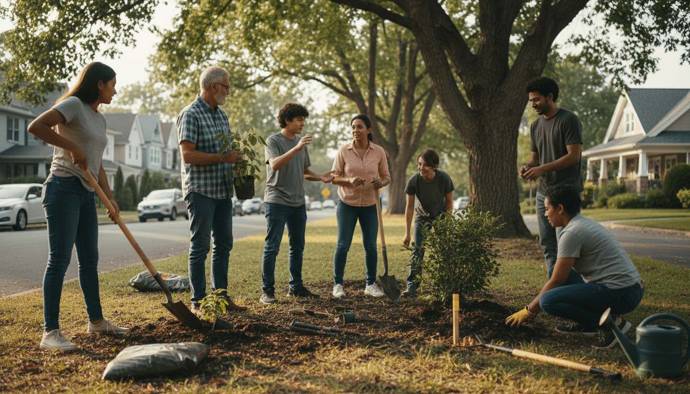 Volunteers planting native trees along a riverbank