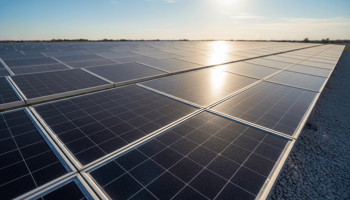 Solar panel array installed in a green field