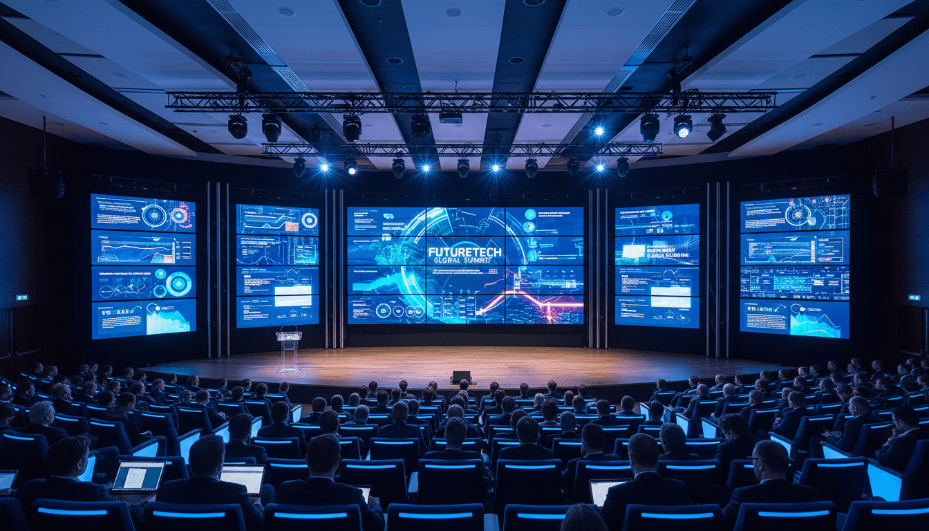 Panoramic command-center mosaic of substations, wind farms, and city skylines on a curved LED wall, wide cinematic photography