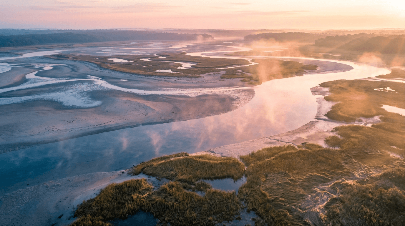 Aerial of a restored salt marsh at golden hour, newly planted native trees along a sandy shoreline with tidal channels and wading birds