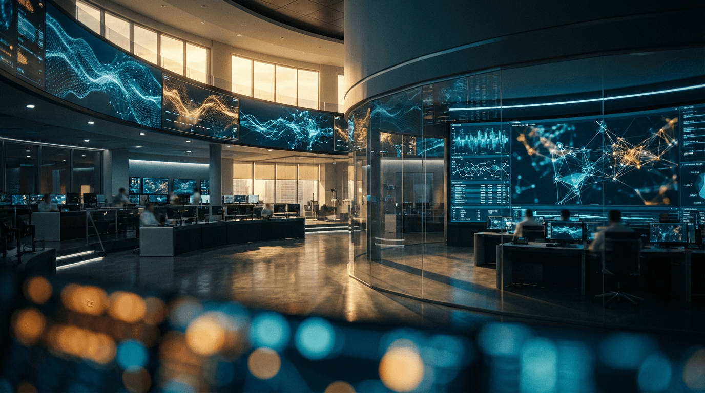 Dark control-room dashboard with a glowing carbon-emissions line chart, atmospheric CO2 rings, and forest canopy overlays on deep navy screens