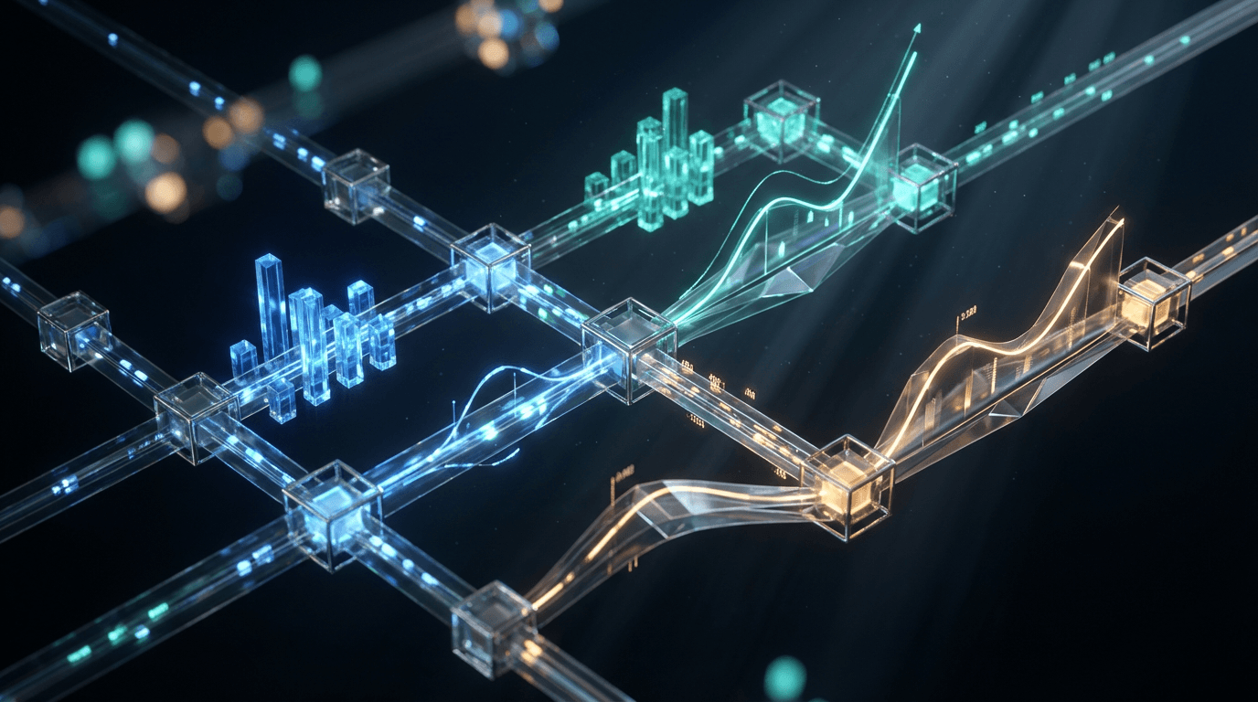 Abstract data visualization of anonymized market feeds: faceless node graph, locked privacy seals, and clean numeric tiles on a slate interface with no personal identifiers