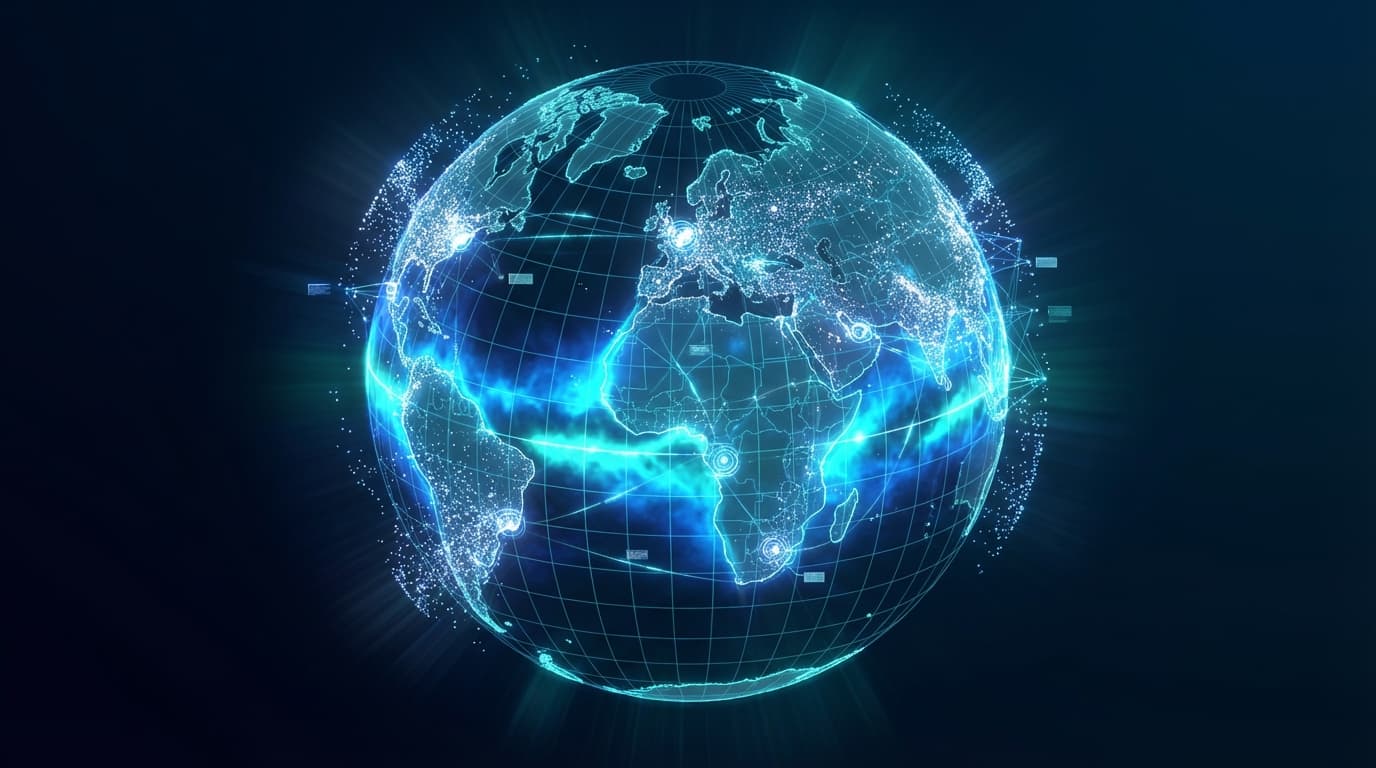 Nighttime electrical grid map with pulsing transmission lines, wind turbines, and solar arrays synchronizing in real time on a dark teal schematic