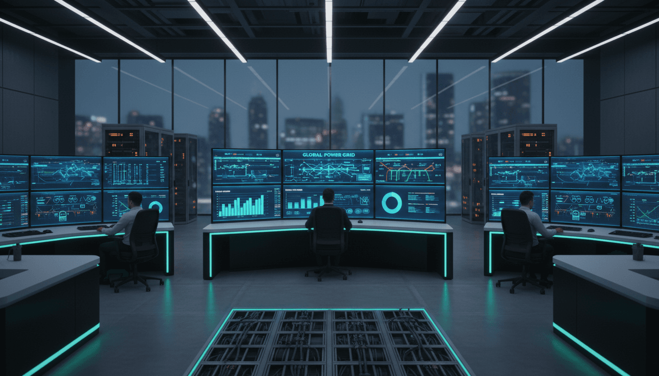 Control-room dashboard at dusk showing live kilowatt-hour charts, wind-farm output bars, and a green grid-health map on large monitors, cool cinematic lighting, photorealistic.
