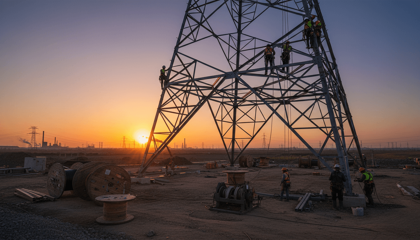 High-voltage transmission towers at golden hour with overlay-style telemetry readouts of load, voltage, and renewable mix, wide landscape, photorealistic.