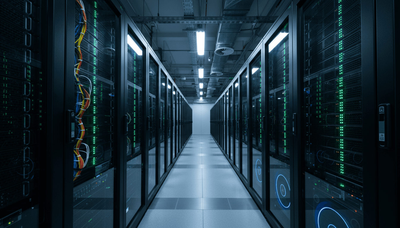 Secure data center with glowing blue server racks