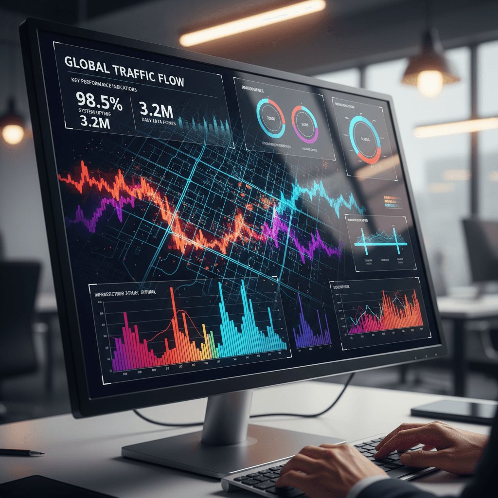 Modern analytics dashboard displaying live data charts and maps