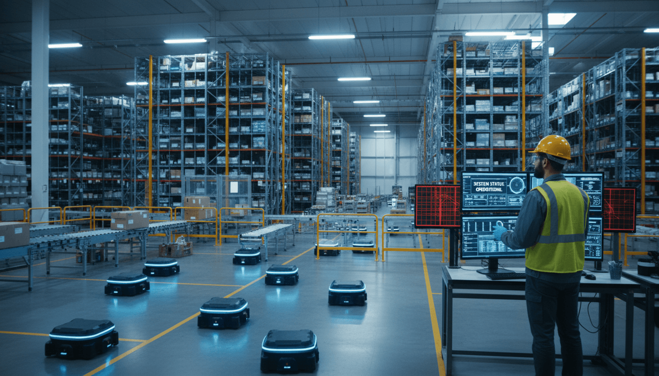Automated robotic arm in modern clean logistics facility