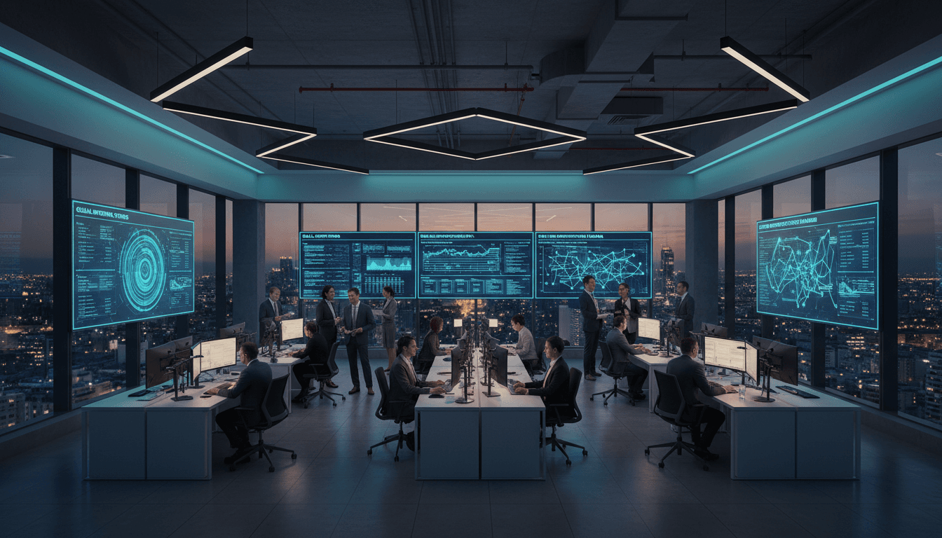 Night-shift operations floor with a wall of streaming data feeds, analog clocks spanning time zones, and fiber-optic cables glowing under cool overhead lights, photorealistic.