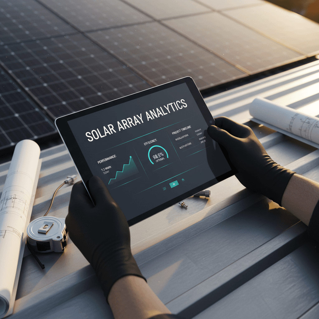Engineer reviewing solar farm performance data on a tablet