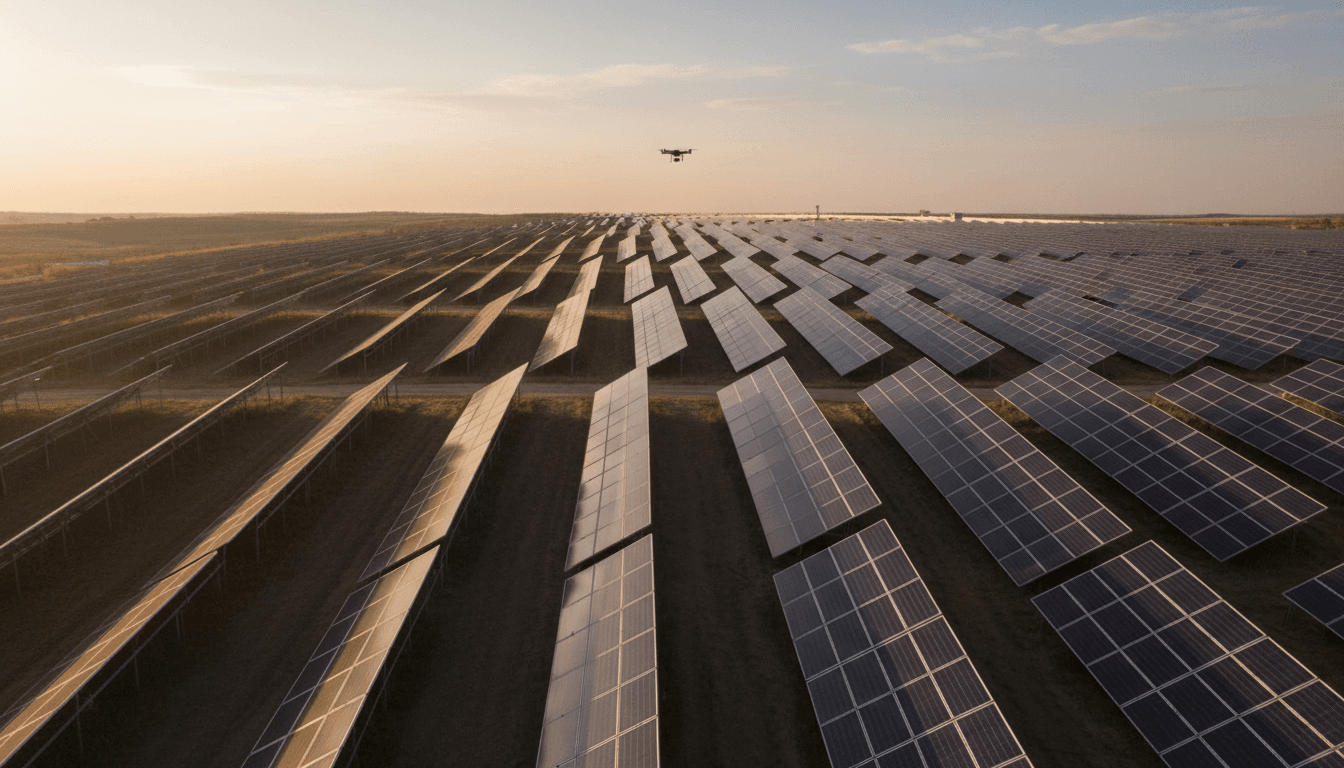 Aerial view of a large solar panel array in a green field