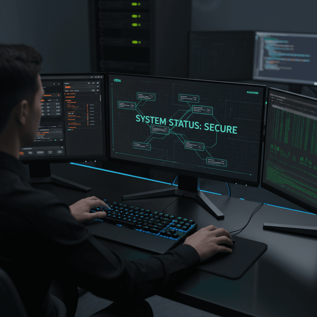 Engineer at a dark console receiving a sharp amber anomaly alert on a waveform monitor, red status LEDs and stacked notification toasts, tense cinematic lighting, photorealistic.