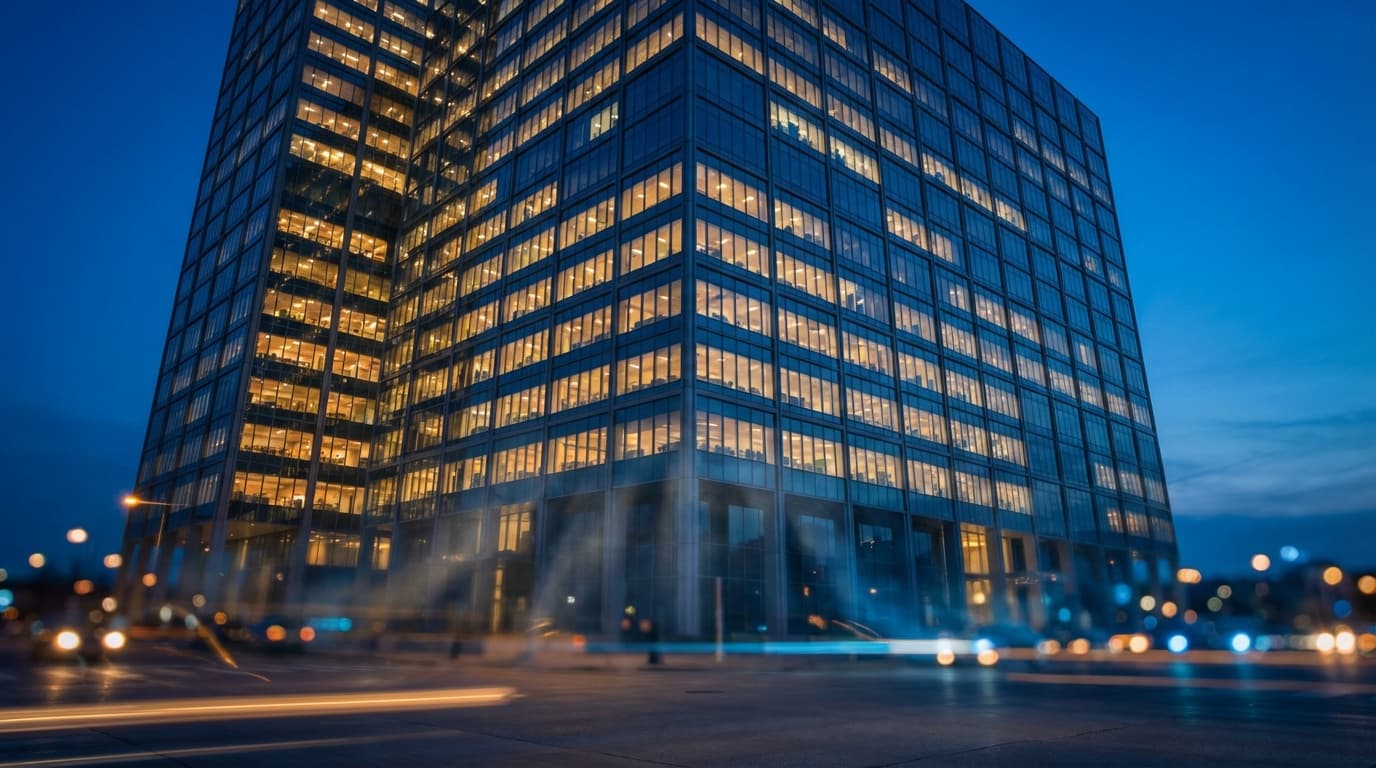Modern glass office building exterior with clean energy infrastructure
