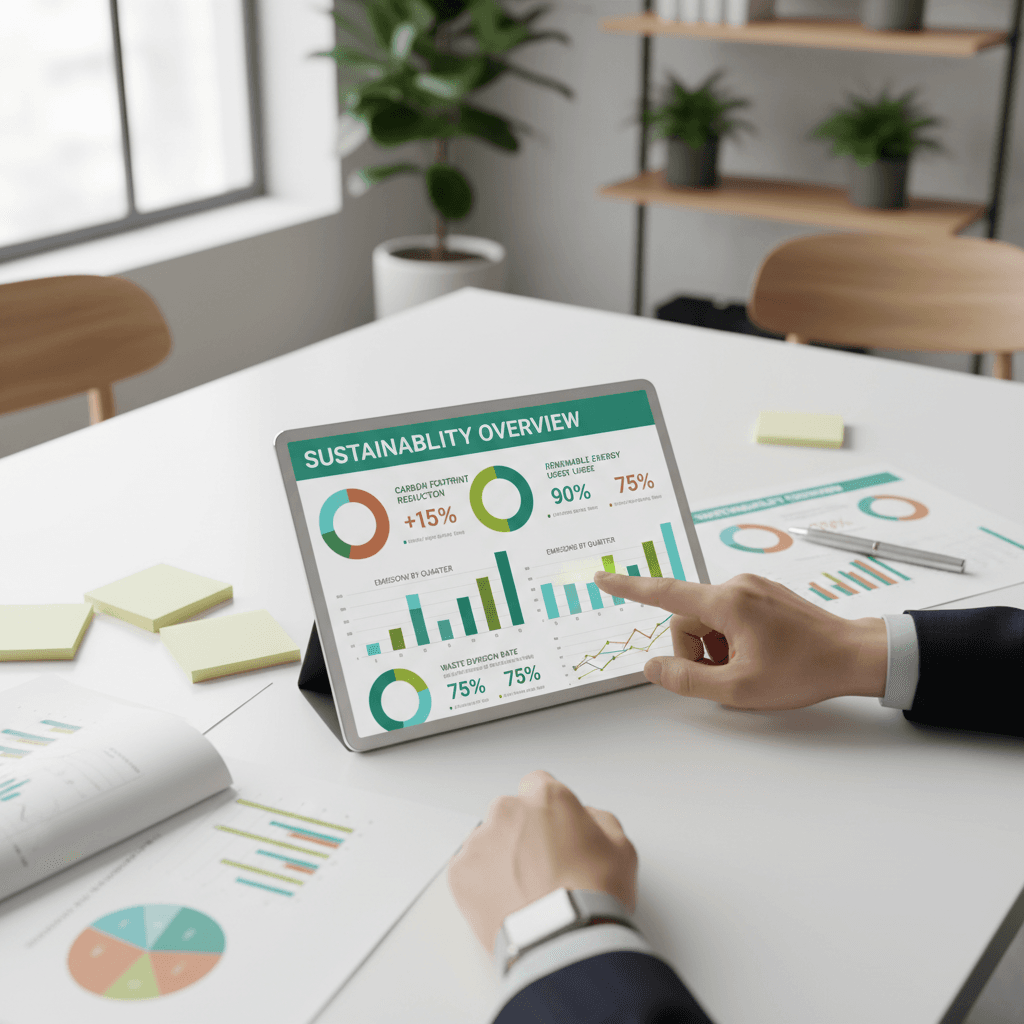 Printed sustainability report and tablet dashboard on a walnut boardroom table, infographics of carbon and renewable mix beside a small potted plant, soft daylight, photorealistic.