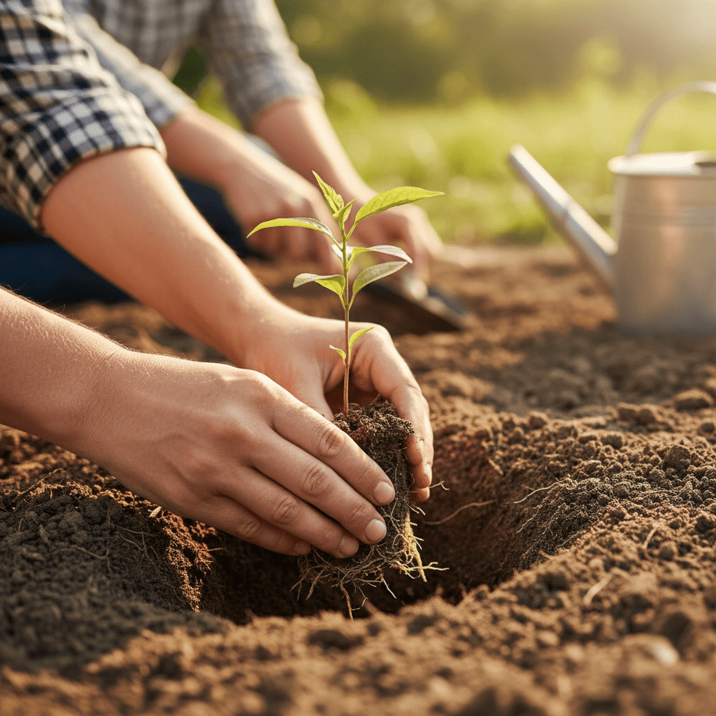 Hands planting a young mangrove sapling in shoreline soil